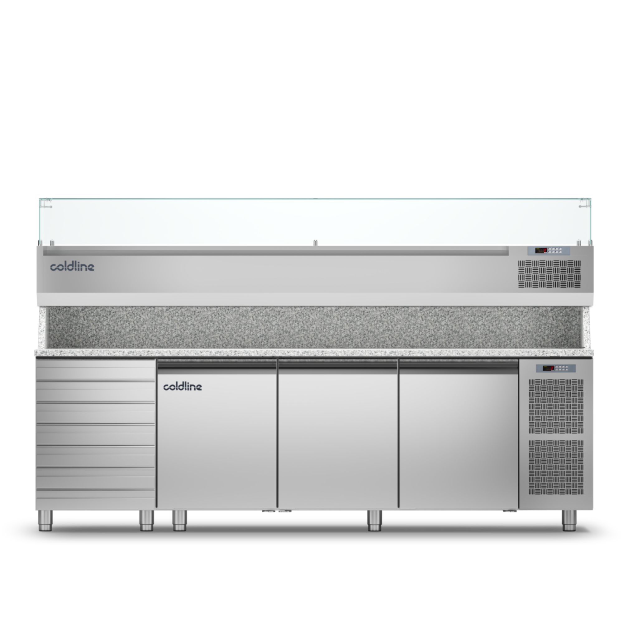 Coldline TZ17/1MC VP - 3 door 7 Drawers Prep Bench - With Display Case