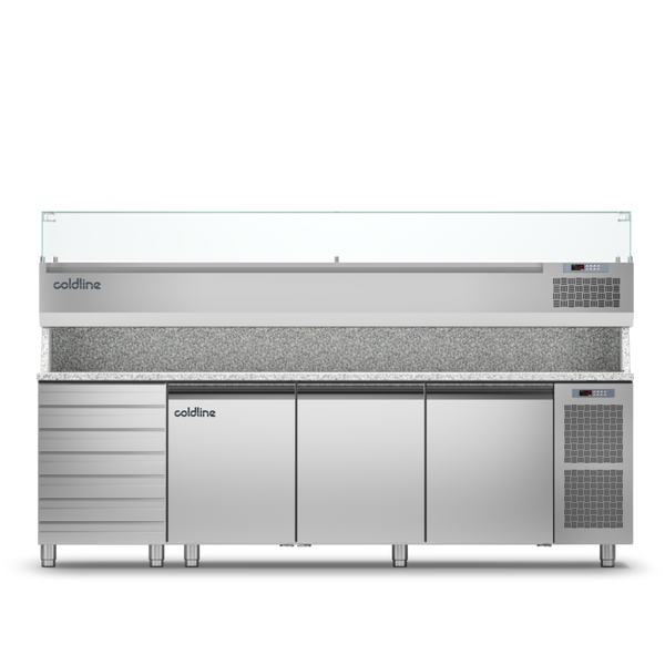 Coldline TZ17/1MC VP - 3 door 7 Drawers Prep Bench - With Display Case