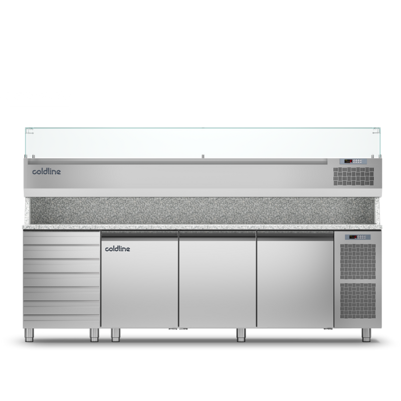 Coldline TZ17/1MC VP - 3 door 7 Drawers Prep Bench - With Display Case