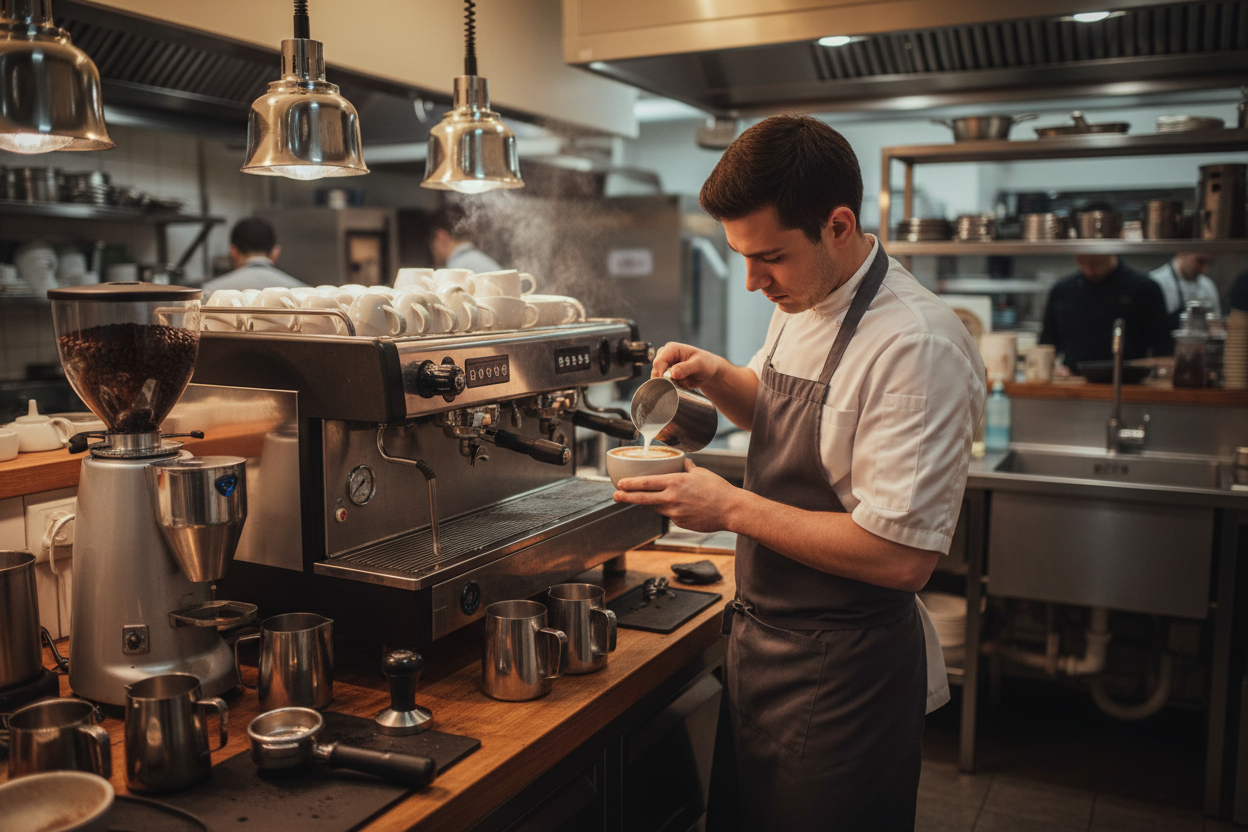 A hospitality professional making coffee with a commercial coffee machine