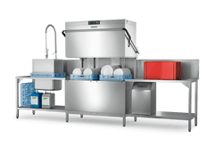 Hobart PROFI AMXT double-rack hood dishwasher in representative butchery wash-up installation; tables and pre-rinse unit not included