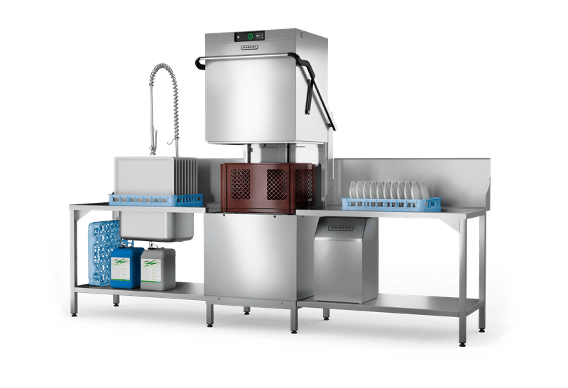 Hobart PROFI AMXXL hood dishwasher in representative bakery wash-up installation; tables and pre-rinse unit not included