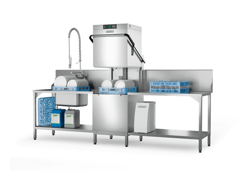 Hobart PROFI AMX hood-type dishwasher in a pass-through washing setup; representative range image