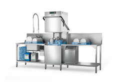 Hobart PREMAX AUP hood dishwasher in representative wash-up installation; tables and pre-rinse equipment not included