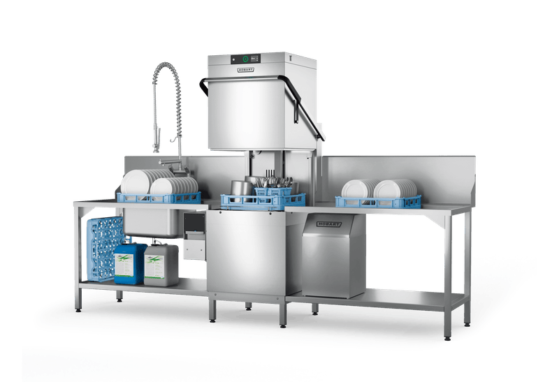 Hobart PREMAX AUP hood dishwasher in representative wash-up installation; tables and pre-rinse equipment not included