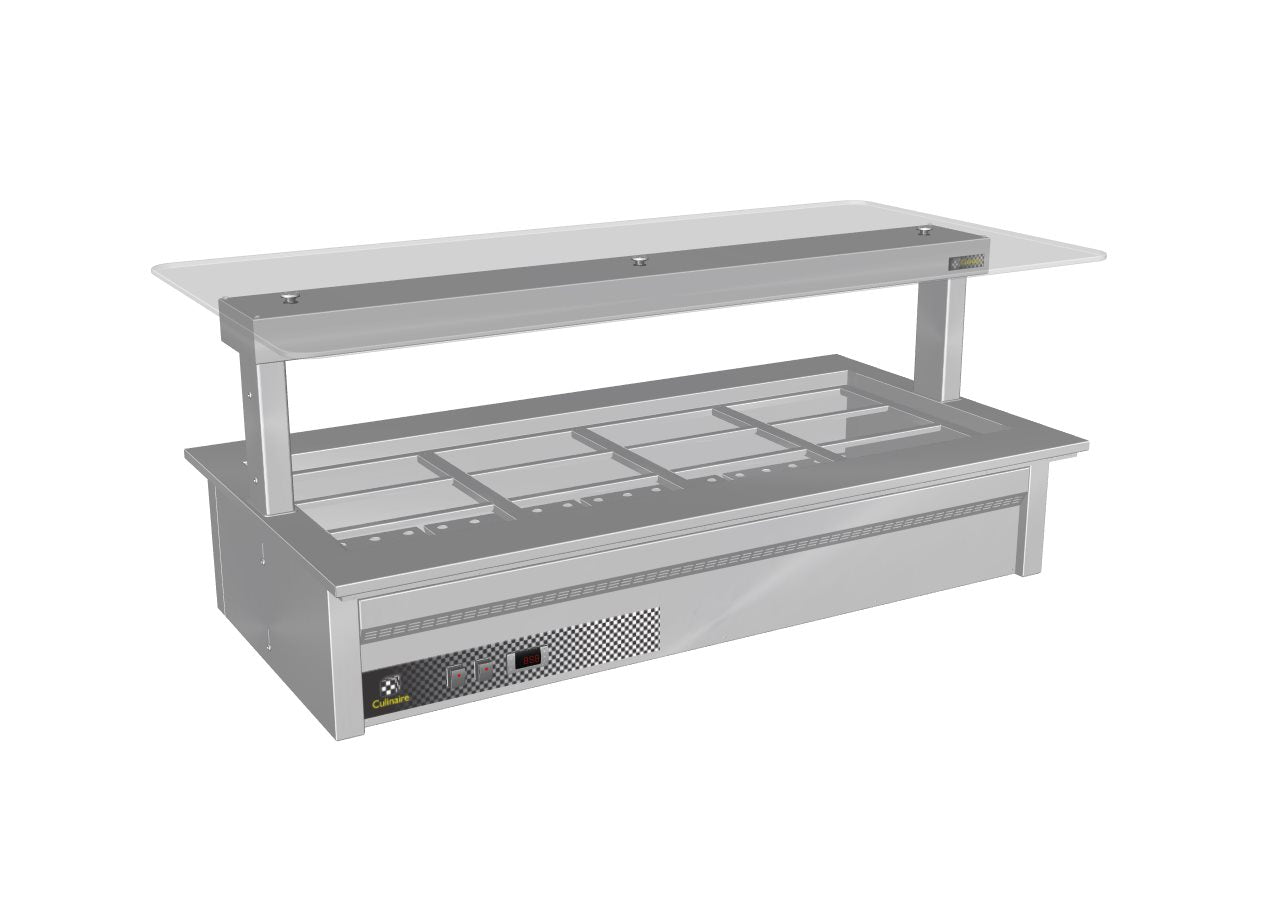 Culinaire - CH.BMC.D.GSF.6 - Drop In Counter Line Bain Marie with Flat Glass Gantry - Stainless Steel Fixings -  6 Module