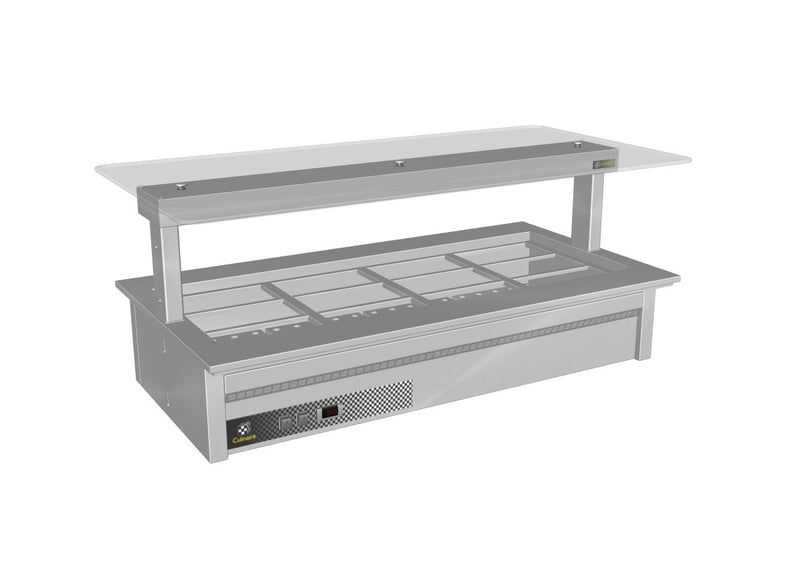 Culinaire - CH.BMC.D.GSF.6 - Drop In Counter Line Bain Marie with Flat Glass Gantry - Stainless Steel Fixings -  6 Module