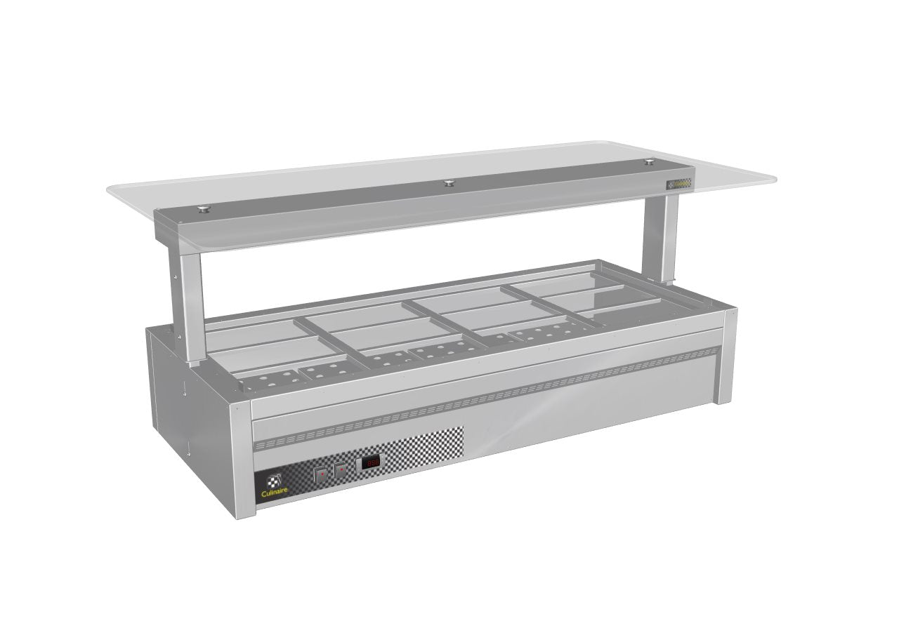 Culinaire - CH.BMC.U.GSF.4 - Under Bench Counter Line Bain Marie With Flat Glass Gantry - Stainless Steel Fixings -  4 Module