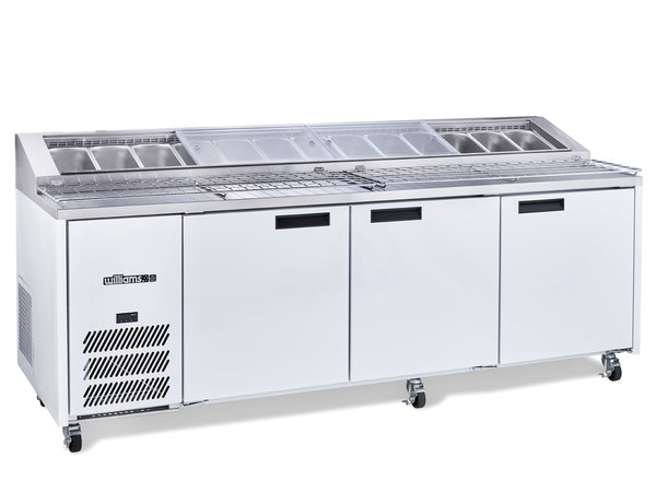 Williams Jade Pizza - Three Door White Colorbond Pizza Prep Counter Refrigerator With Blown Air Well